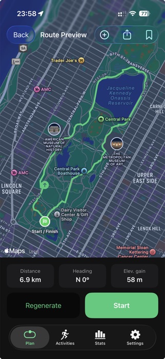 A generated 7 km loop route on a map, starting and finishing at the same pin